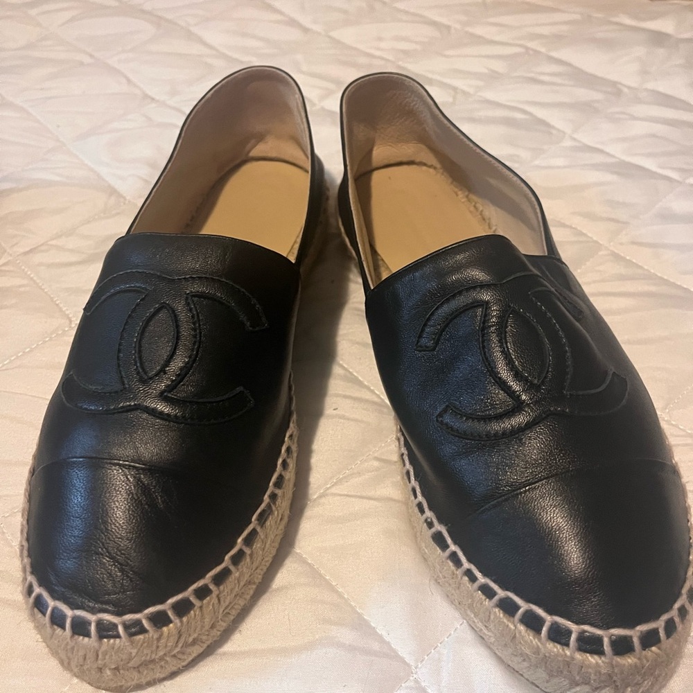 CHANEL Black Leather Espadrilles